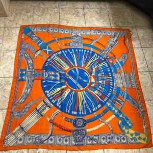 Hermès Orange & Multicolor 'Ceintures et Liens' silk Wool Scarf 140 Cm
